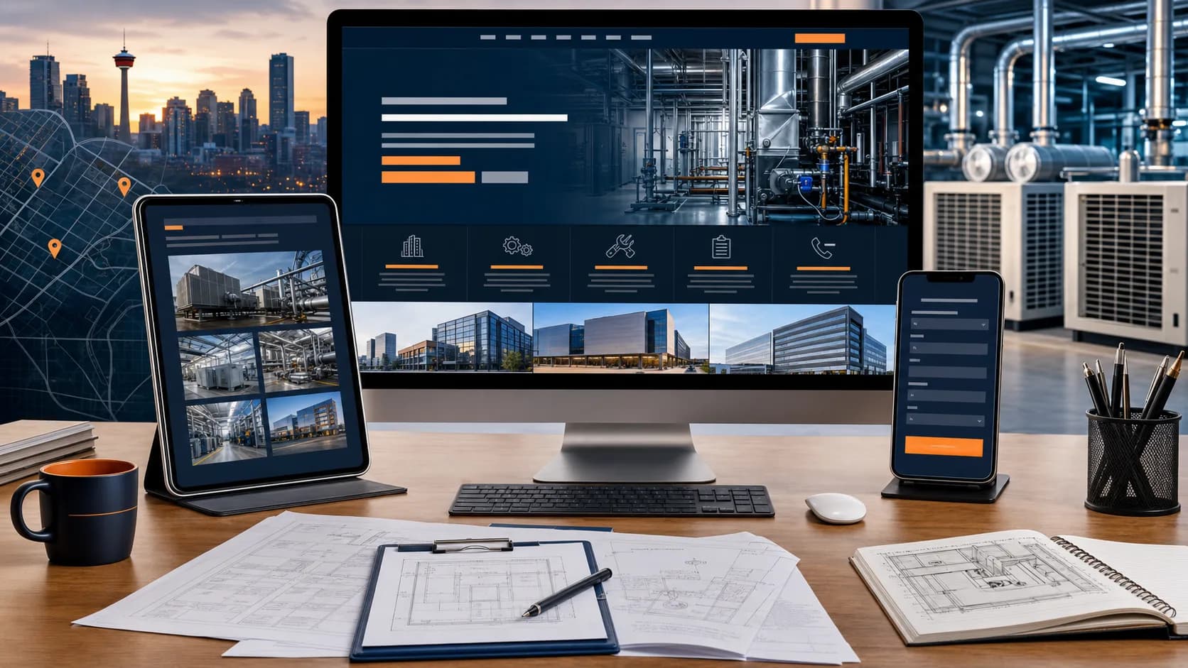 Mechanical contractor website design workspace showing Calgary map cues, commercial mechanical systems, portfolio pages, and mobile quote forms